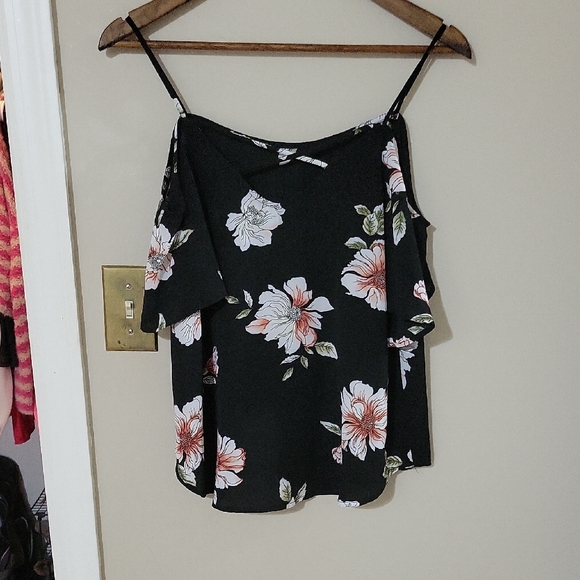 Kaileigh Tops - Floral Black Women's Cold Shoulder Top